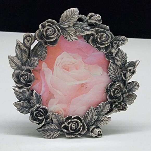 Vintage Pewter Picture Frame Round Rose Design Decorative Tabletop Display - Picture 1 of 11